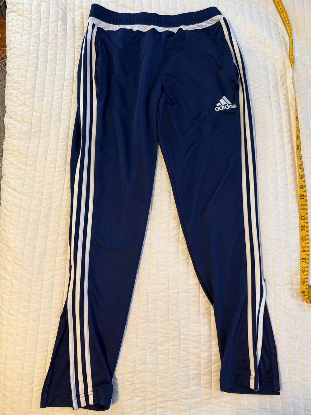adidas ClimaCool Men’s M Blue Track Pants White Stripes Drawstring Zippered O27